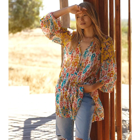 Anthropologie Maureen Babydoll Tunic Blouse Sheer Multicolor Floral Paisley M - Picture 2 of 16